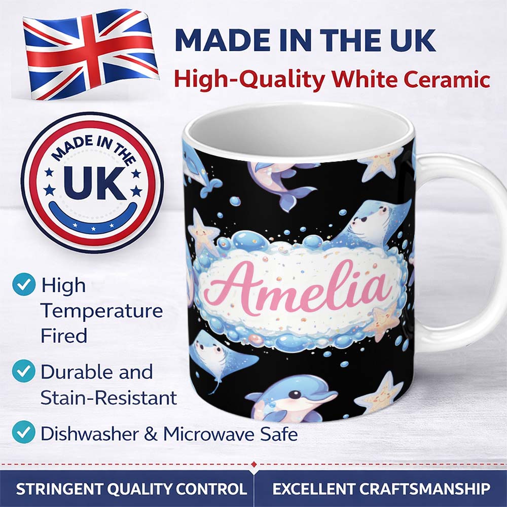 Personalized Custom Name Cute Dolphin Stingray Starfish Cartoon Sea Life Pattern Black Lovely 11oz Ceramic Coffee Tea Mug White Large Handle