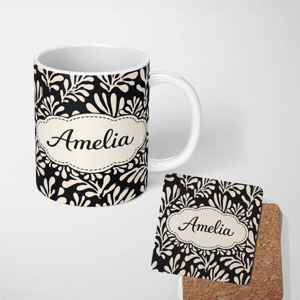 Personalized Custom Name Botanical Leaf Silhouettes Black Cream Organic Nature Pattern Lovely 11oz Ceramic Coffee Tea Mug White Large Handle