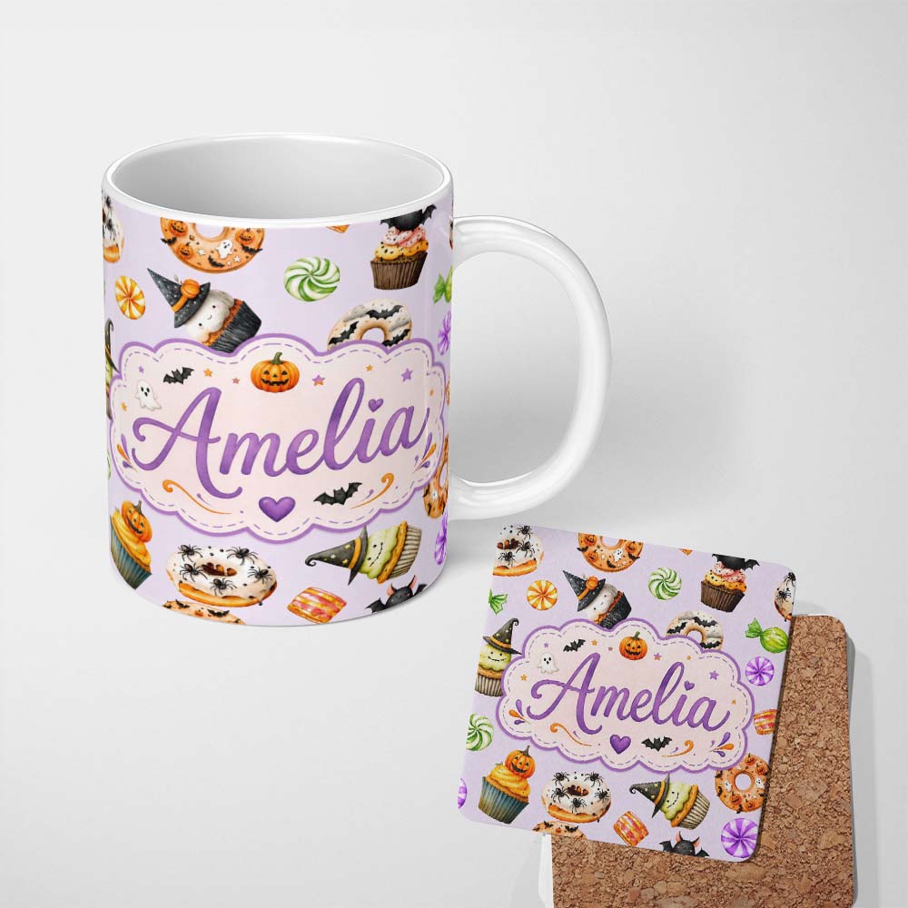 Personalized Custom Name Halloween Donuts Cupcakes Bats Candy and Pumpkins Light Purple 11oz Ceramic Coffee Tea Mug White Large Handle