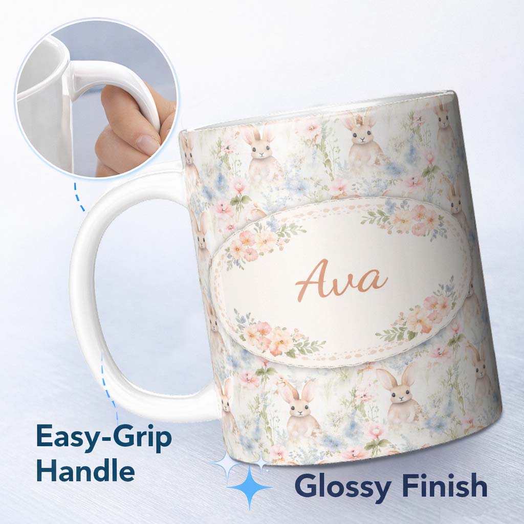 Personalized Custom Name Soft Vintage Bunny Floral Garden Seamless Pattern Cute Unique Gift 11oz Ceramic Coffee Tea Mug White Large Handle