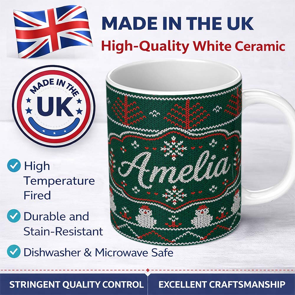 Personalized Custom Name Nordic Knit Alpaca Llama Pattern Green Red White Festive Sweater 11oz Ceramic Coffee Tea Mug White Large Handle