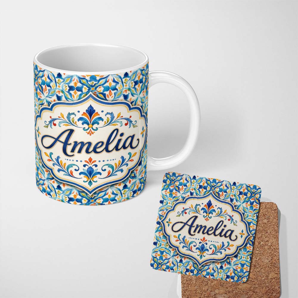 Personalized Custom Name Watercolor Mediterranean Tile Blue and Orange Floral Seamless Lovely 11oz Ceramic Coffee Tea Mug White Large Handle