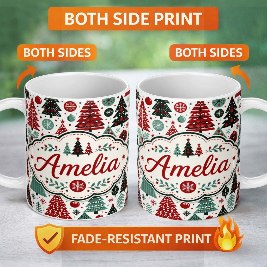 Personalized Custom Name Festive Christmas Trees Red Green Baubles Snowflakes Seamless Lovely 11oz Ceramic Coffee Tea Mug White Large Handle