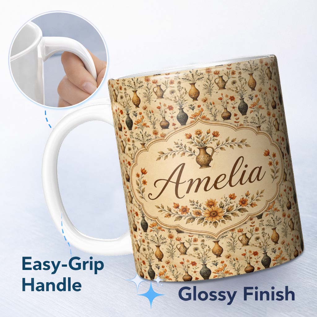 Personalized Custom Name Antique Floral Vase Seamless Pattern Classic Botanical Pottery 11oz Ceramic Coffee Tea Mug White Large Handle