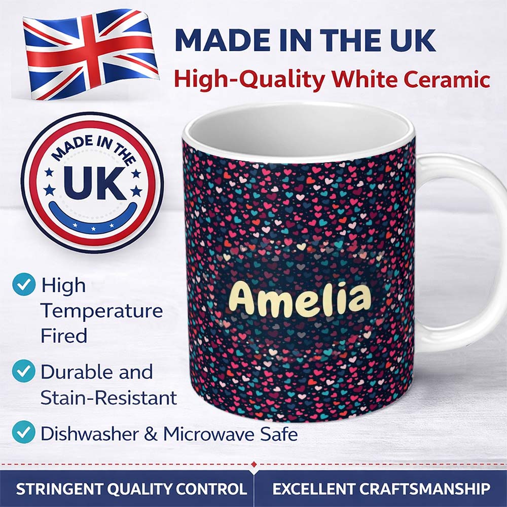 Personalized Custom Name Colourful Hearts on Navy Background Cute Love Seamless Pattern 11oz Ceramic Coffee Tea Mug White Large Handle