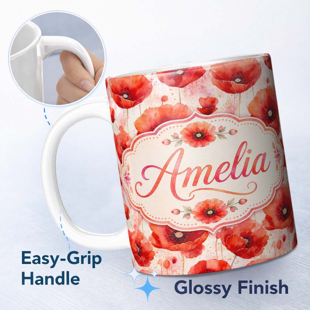 Personalized Custom Name Delicate Red Poppy Floral Watercolor Seamless Pattern Lovely 11oz Ceramic Coffee Tea Mug White Large Handle