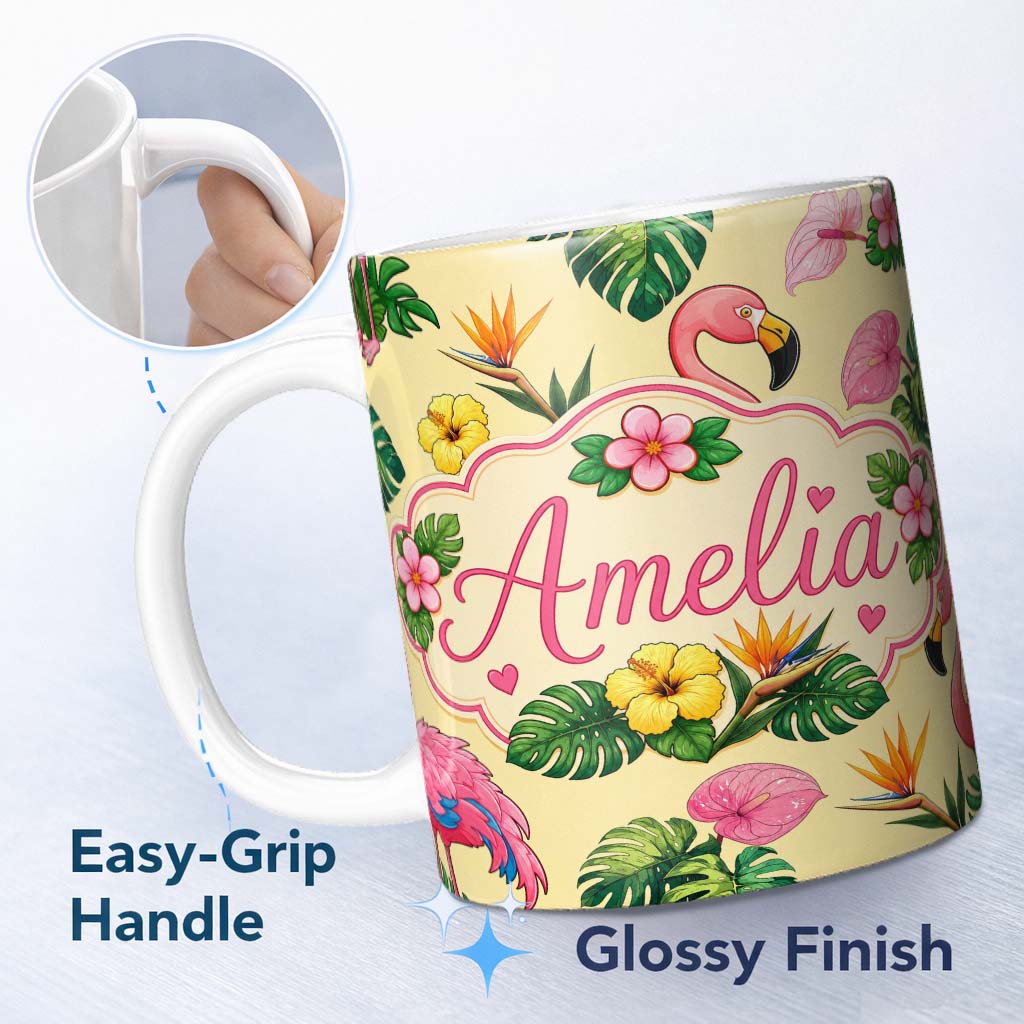 Personalized Custom Name Tropical Flamingo with Hibiscus Flowers and Leaves Warm Yellow 11oz Ceramic Coffee Tea Mug White Large Handle