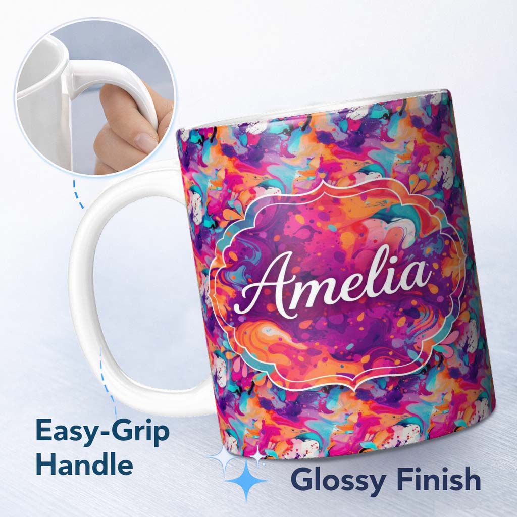 Personalized Custom Name Colourful Liquid Marble Swirl Pink Purple Orange Abstract Pattern 11oz Ceramic Coffee Tea Mug White Large Handle