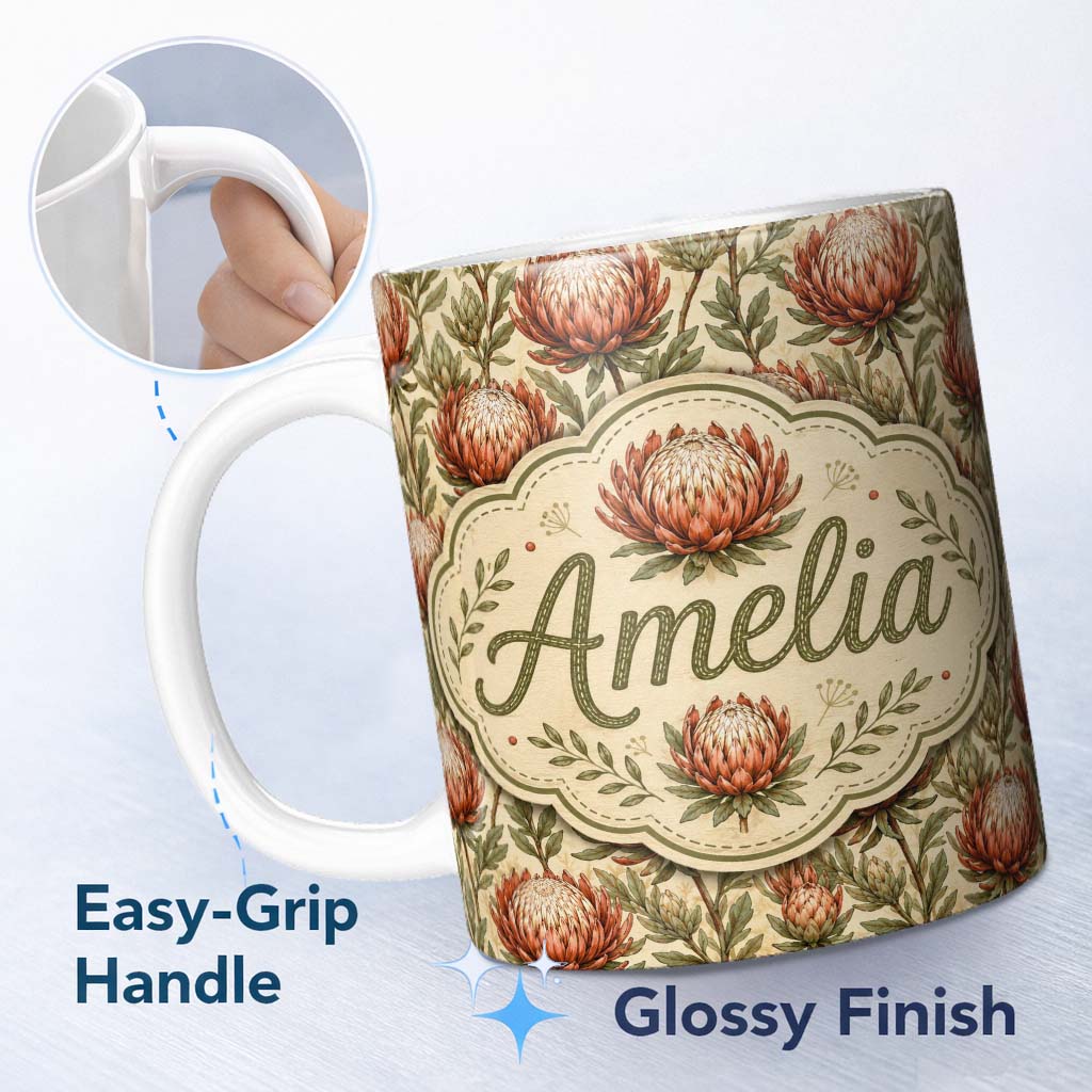 Personalized Custom Name Vintage Style Red Protea Floral Seamless Pattern Cute Unique Gift 11oz Ceramic Coffee Tea Mug White Large Handle