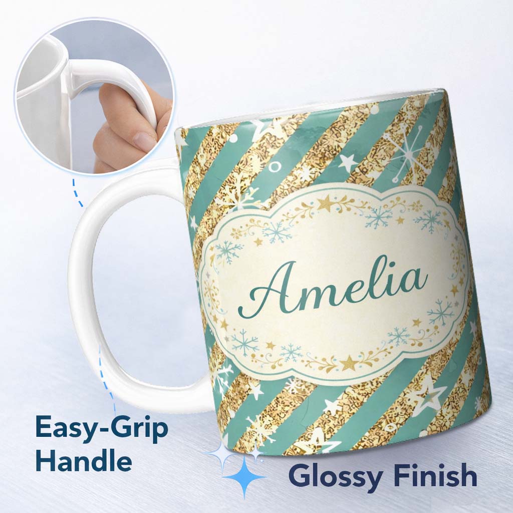 Personalized Custom Name Gold Glitter Stripe Stars Snowflakes Festive Seamless Pattern Lovely 11oz Ceramic Coffee Tea Mug White Large Handle