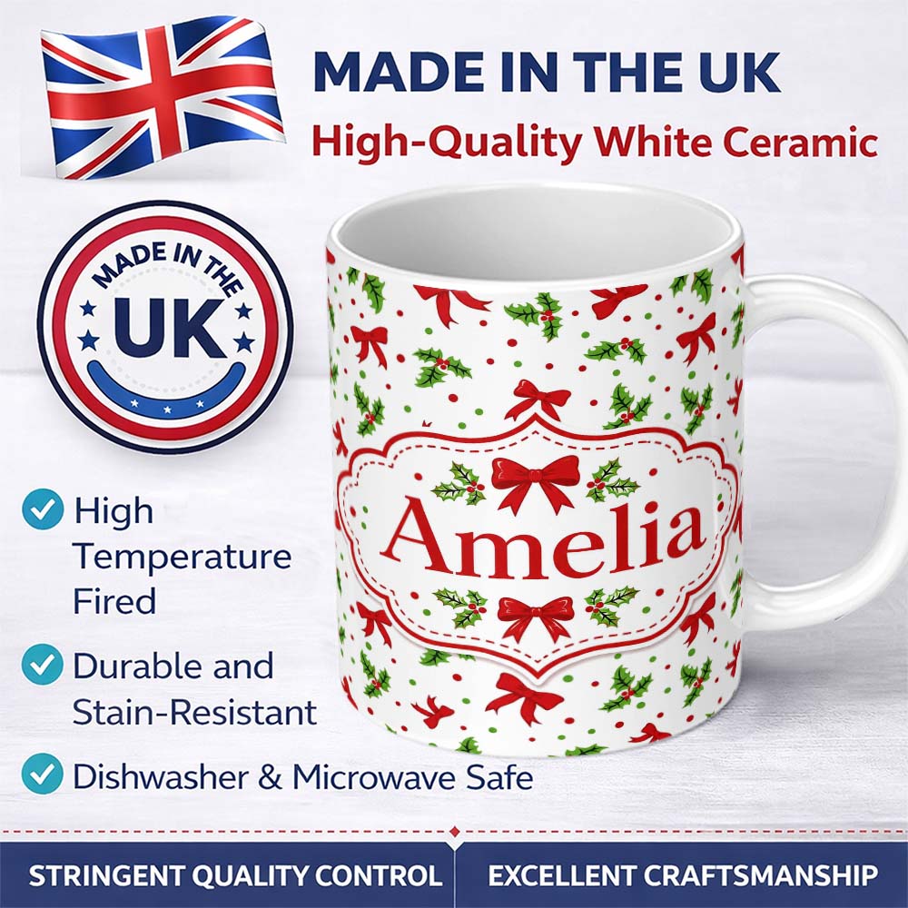 Personalized Custom Name Christmas Holly Leaves Red Bows Polka Dots Seamless Pattern Lovely 11oz Ceramic Coffee Tea Mug White Large Handle