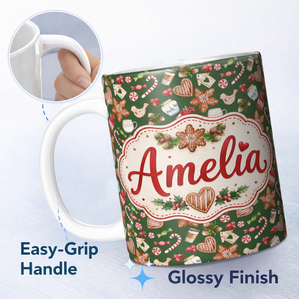 Personalized Custom Name Watercolor Christmas Cookies Candy Cane Coffee Seamless Pattern 11oz Ceramic Coffee Tea Mug White Large Handle