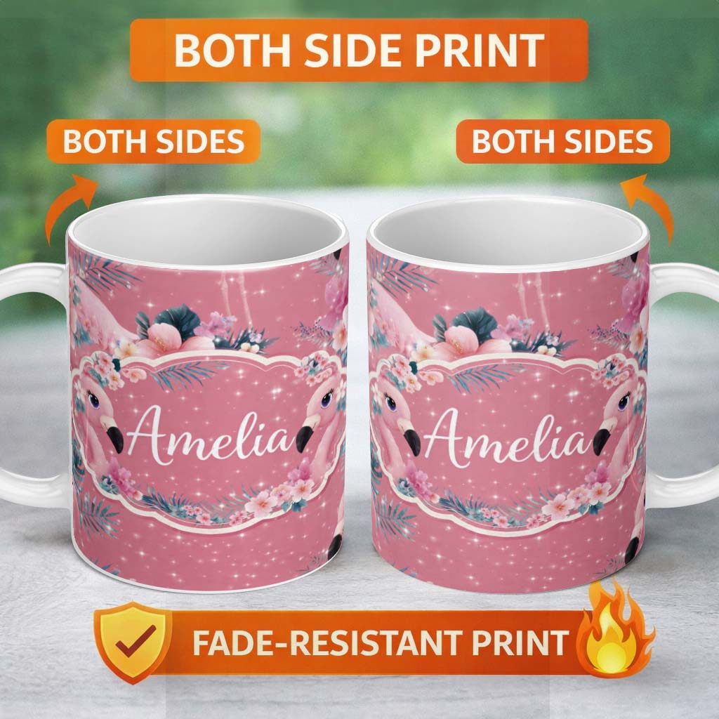 Personalized Custom Name Pink Flamingo Tropical Flowers Sparkle Fantasy Seamless Pattern 11oz Ceramic Coffee Tea Mug White Large Handle