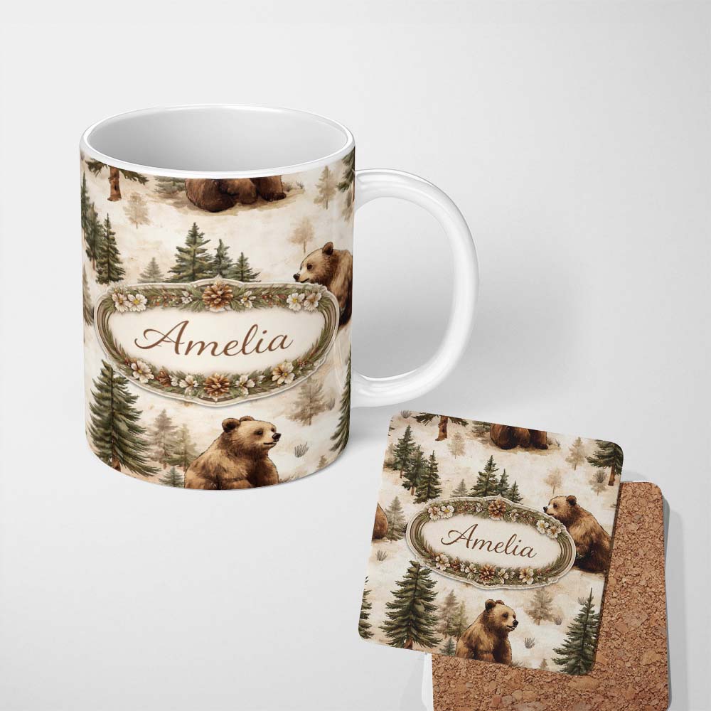 Personalized Custom Name Bear Portrait Circle Seamless Pattern Dark Rustic Wildlife Design 11oz Ceramic Coffee Tea Mug White Large Handle