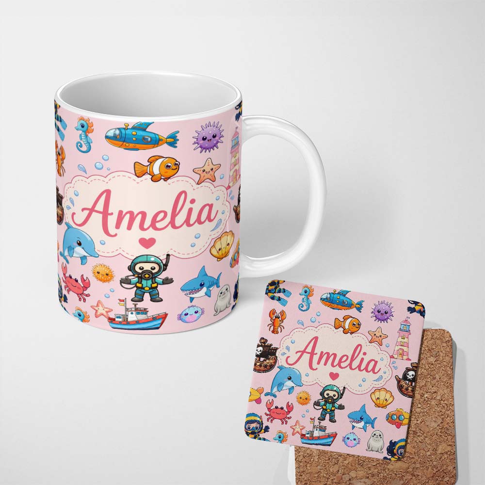 Personalized Custom Name Cartoon Ocean with various sea CreaturesSea Creatures on Blush Pink 11oz Ceramic Coffee Tea Mug White Large Handle