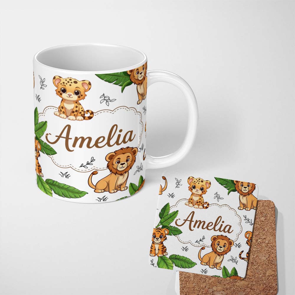 Personalized Custom Name Cute Jungle Animals Lion Tiger Leopard Blush Pink Background Lovely 11oz Ceramic Coffee Tea Mug White Large Handle