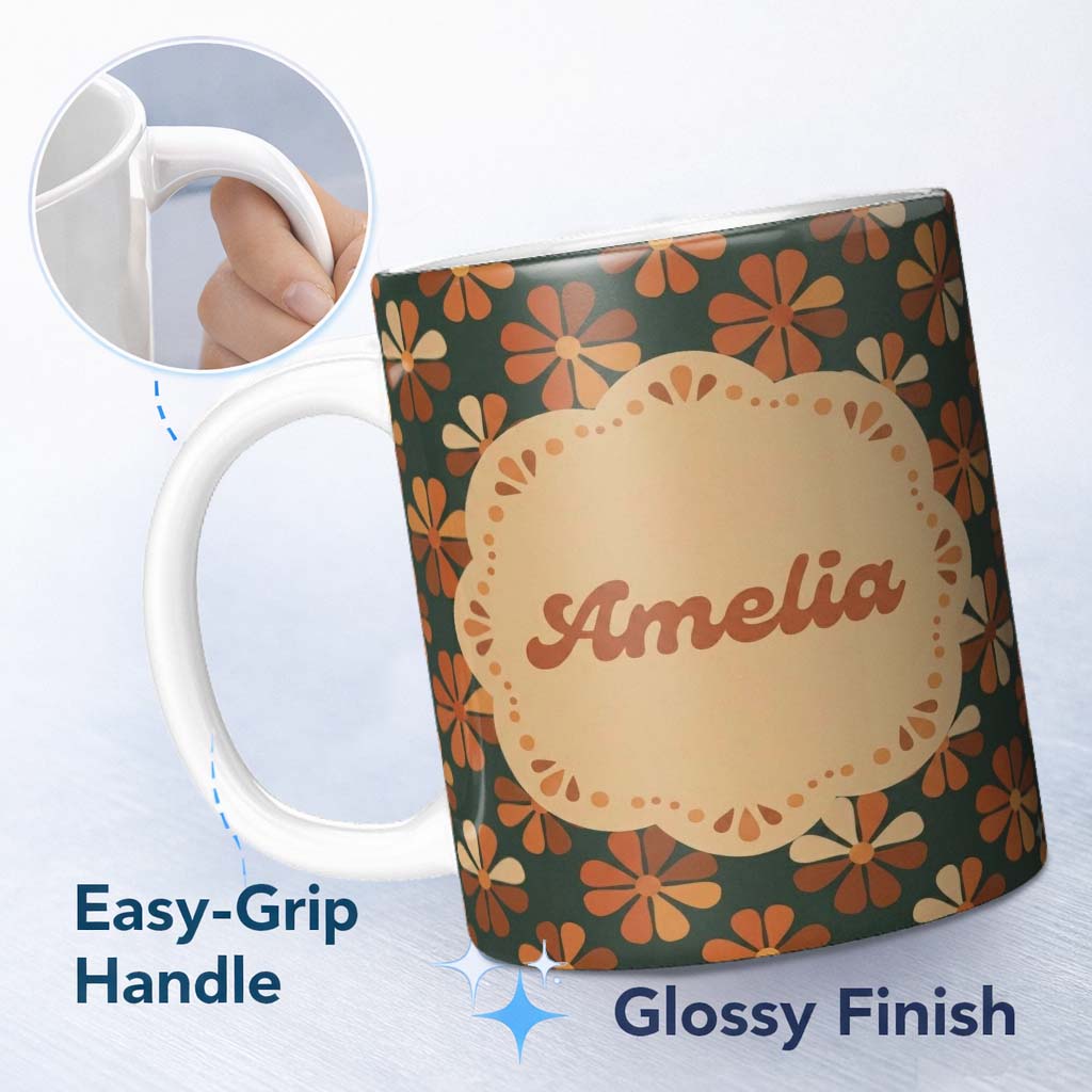 Personalized Custom Name Mid Century Modern Geometric Floral Pattern in Teal and Orange 11oz Ceramic Coffee Tea Mug White Large Handle