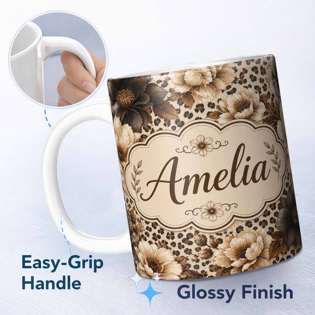 Personalized Custom Name Neutral Floral with Large Vintage Flowers,Leopard Print in Beige 11oz Ceramic Coffee Tea Mug White Large Handle
