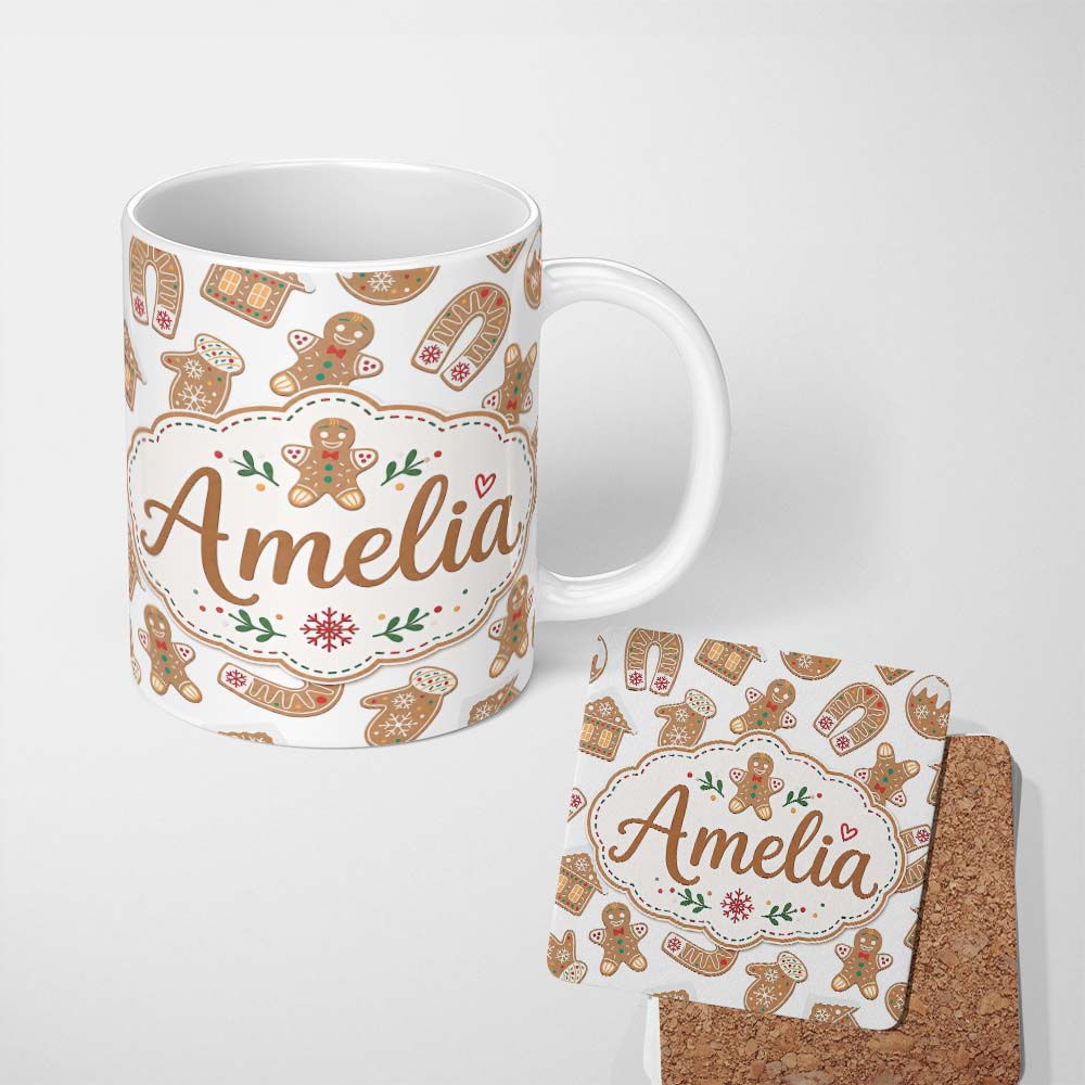 Personalized Custom Name Cute Gingerbread Cookies Mittens Houses Seamless Pattern Lovely 11oz Ceramic Coffee Tea Mug White Large Handle