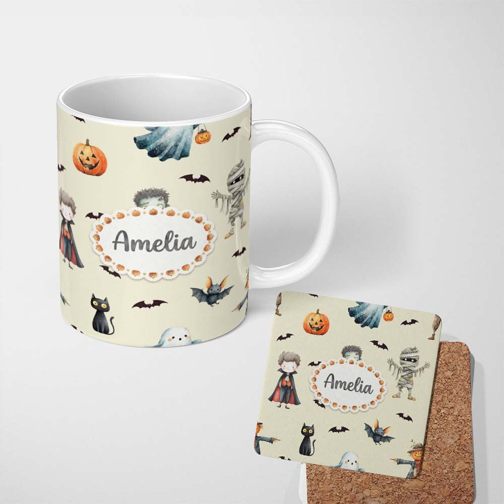 Personalized Custom Name Halloween Zombie Mummy Vampire and Bat Characters Cream Background 11oz Ceramic Coffee Tea Mug White Large Handle