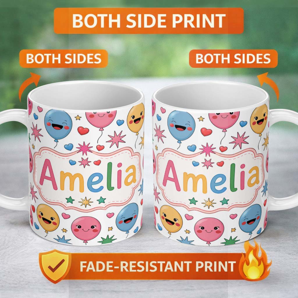 Personalized Custom Name Cute Colorful Balloons Hearts and Starbursts Party Seamless Pattern 11oz Ceramic Coffee Tea Mug White Large Handle