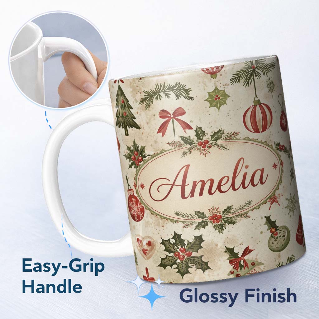 Personalized Custom Name Classic Christmas Ornaments Pine Branches and Bows Traditional 11oz Ceramic Coffee Tea Mug White Large Handle