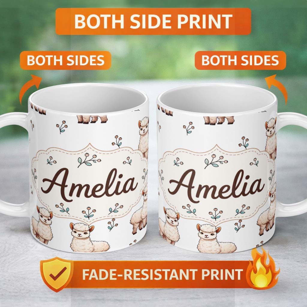 Personalized Custom Name Cute Alpaca Llama Farm Animals Floral Seamless Pattern Light Grey 11oz Ceramic Coffee Tea Mug White Large Handle