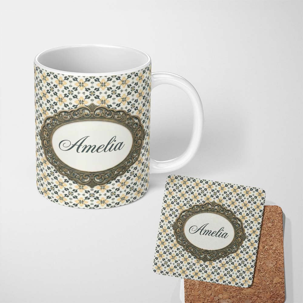 Personalized Custom Name Stylish Black Gold Floral Tile Motif Seamless Pattern Lovely 11oz Ceramic Coffee Tea Mug White Large Handle