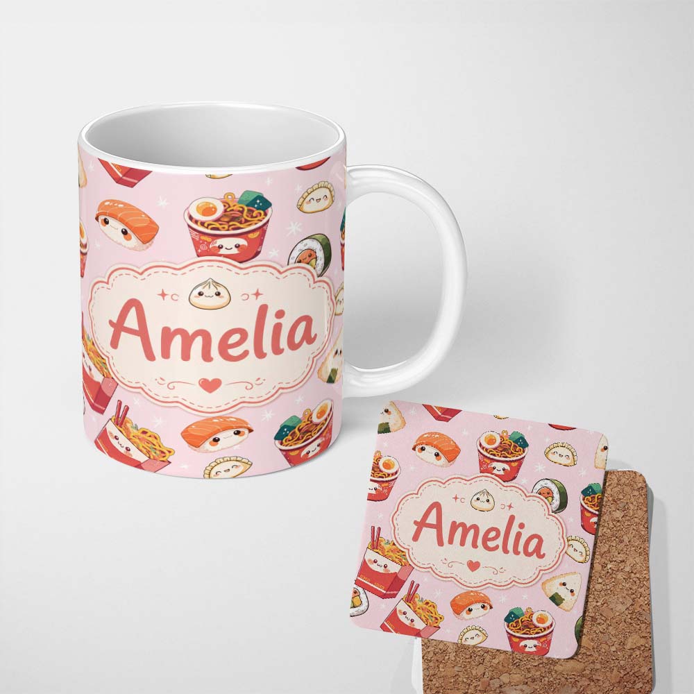 Personalized Custom Name Cute Kawaii Sushi Ramen Dumpling Food Pink Background Seamless 11oz Ceramic Coffee Tea Mug White Large Handle