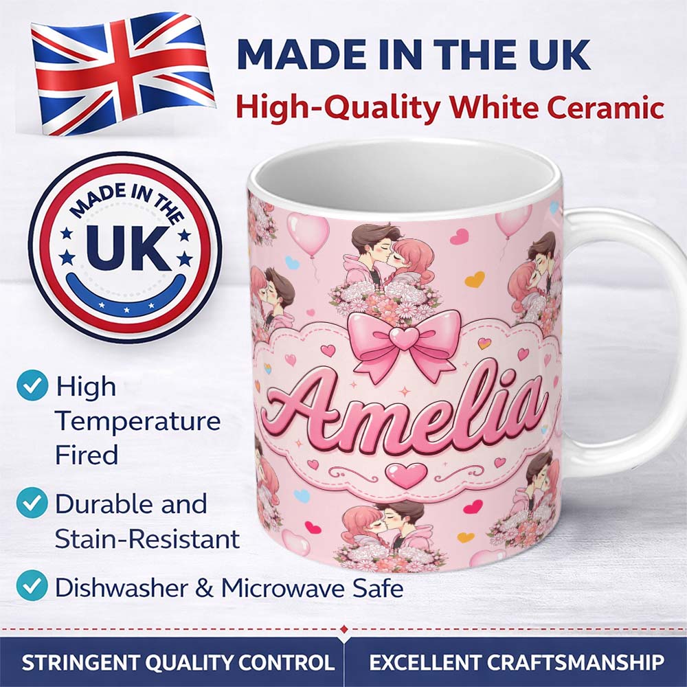 Personalized Custom Name Romantic Couple Kissing Floral Bouquet Hearts Pattern Pink Hearts 11oz Ceramic Coffee Tea Mug White Large Handle