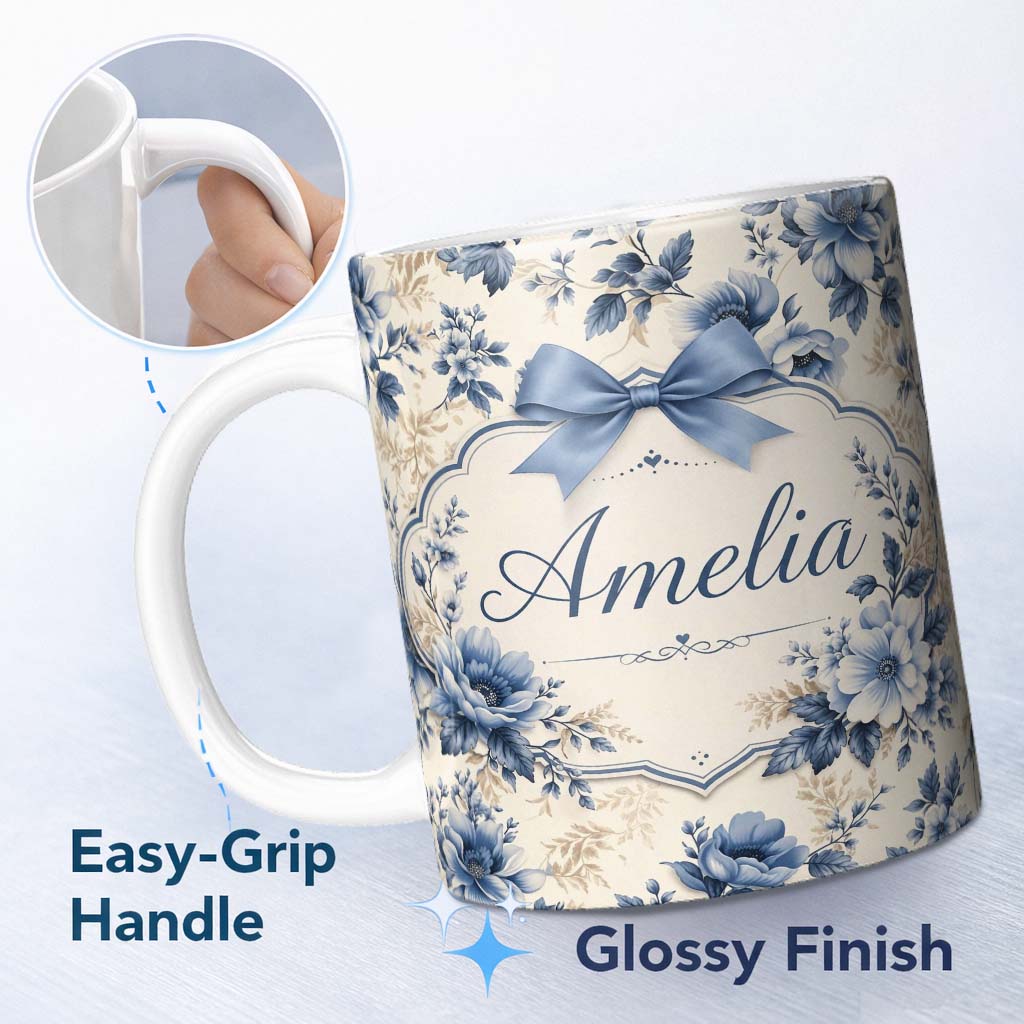 Personalized Custom Name Classic Blue & Cream Floral Vintage Botanical Pattern Lovely 11oz Ceramic Coffee Tea Mug White Large Handle