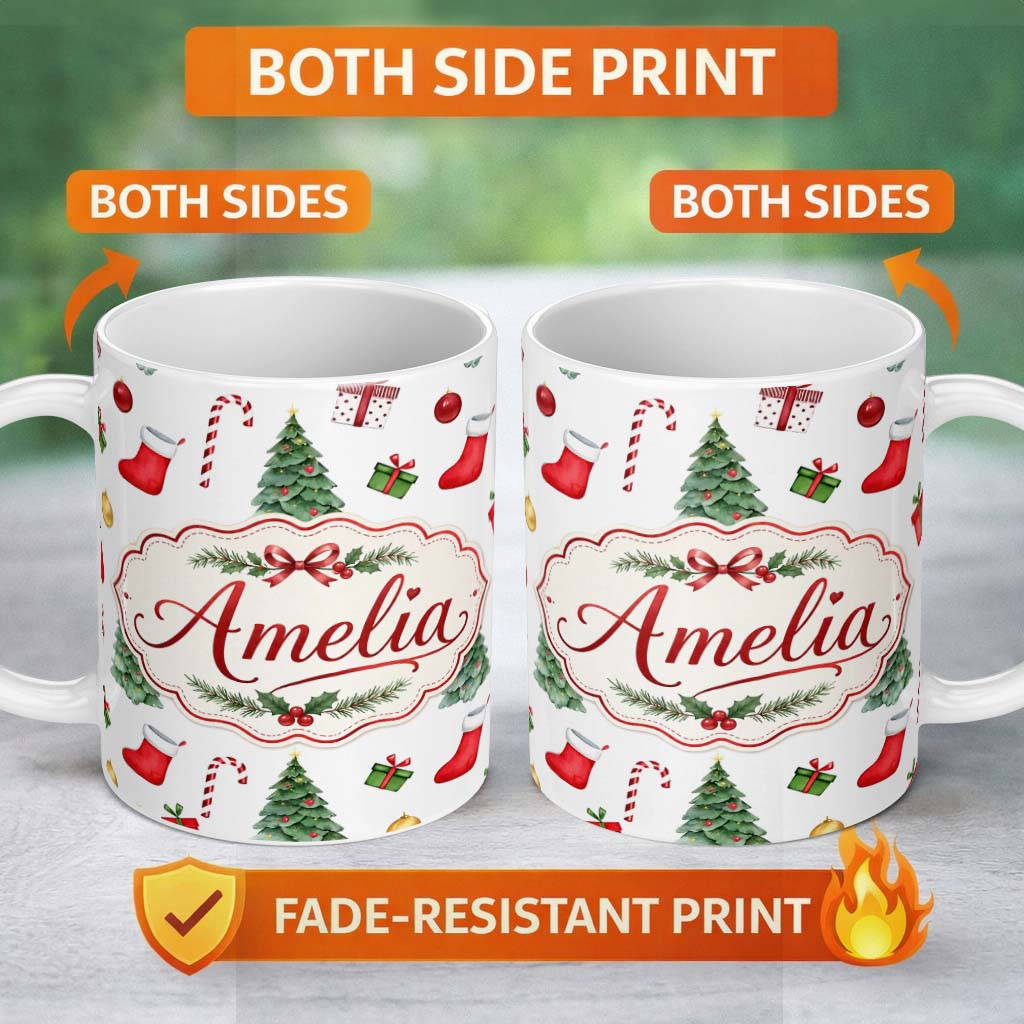 Personalized Custom Name Christmas Tree Gifts Candy Cane Stockings Seamless Pattern Lovely 11oz Ceramic Coffee Tea Mug White Large Handle
