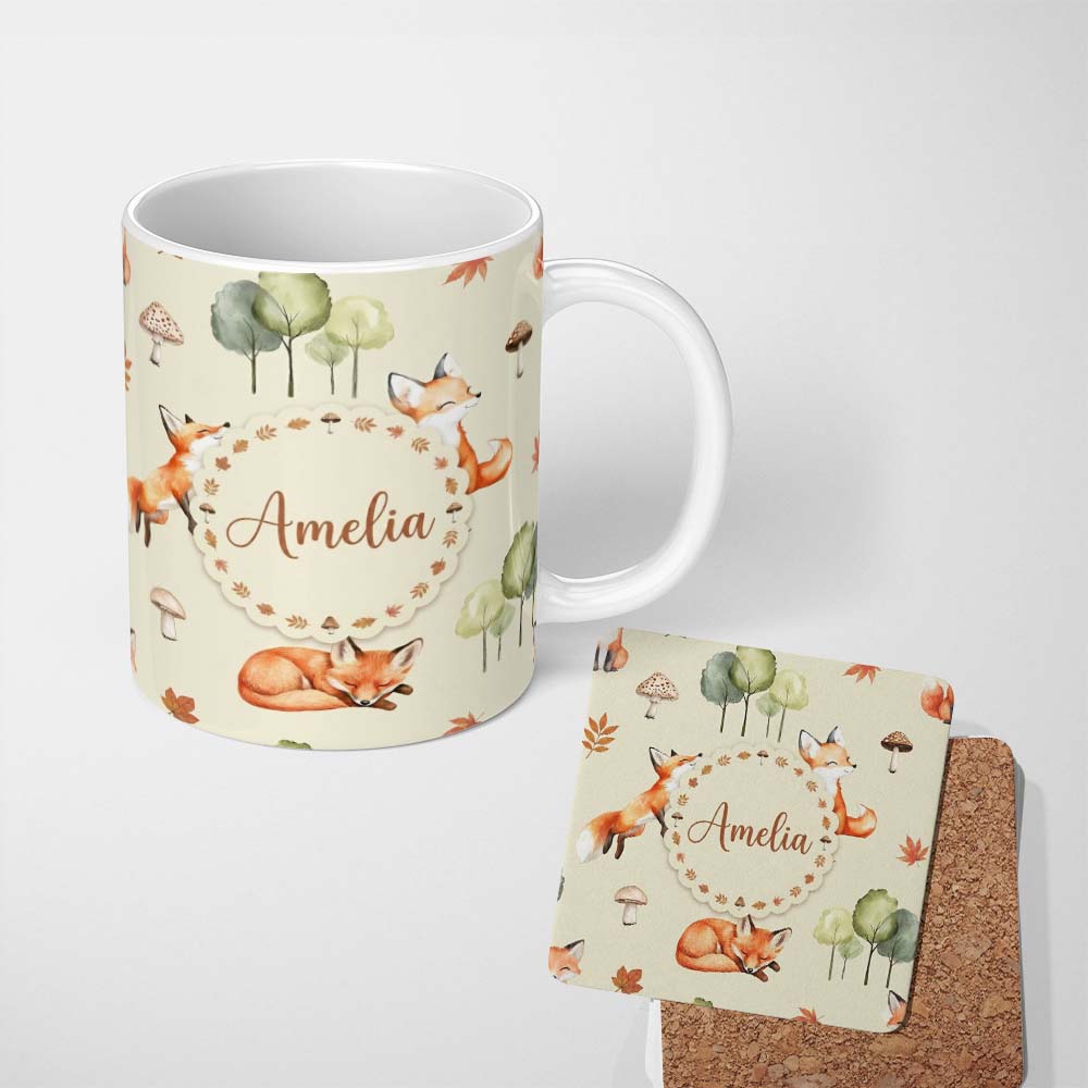 Personalized Custom Name Watercolor Woodland Fox Mushroom Autumn Seamless Pattern on Beige 11oz Ceramic Coffee Tea Mug White Large Handle
