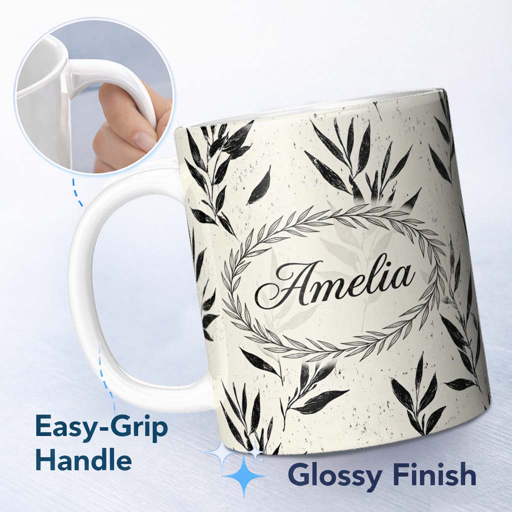 Personalized Custom Name Minimal Botanical Leaves Black Cream Organic Floral Pattern Lovely 11oz Ceramic Coffee Tea Mug White Large Handle