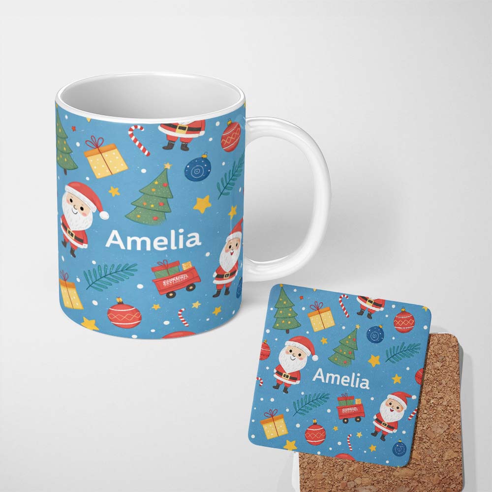 Personalized Custom Name Cute Santa Gifts Christmas Tree Blue Festive Seamless Pattern Lovely 11oz Ceramic Coffee Tea Mug White Large Handle