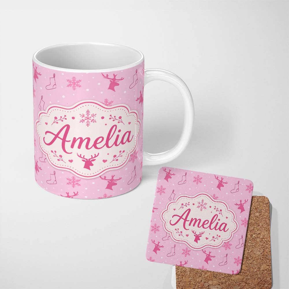 Personalized Custom Name Pink Reindeer Snowflake Winter Stocking Seamless Pattern Lovely 11oz Ceramic Coffee Tea Mug White Large Handle