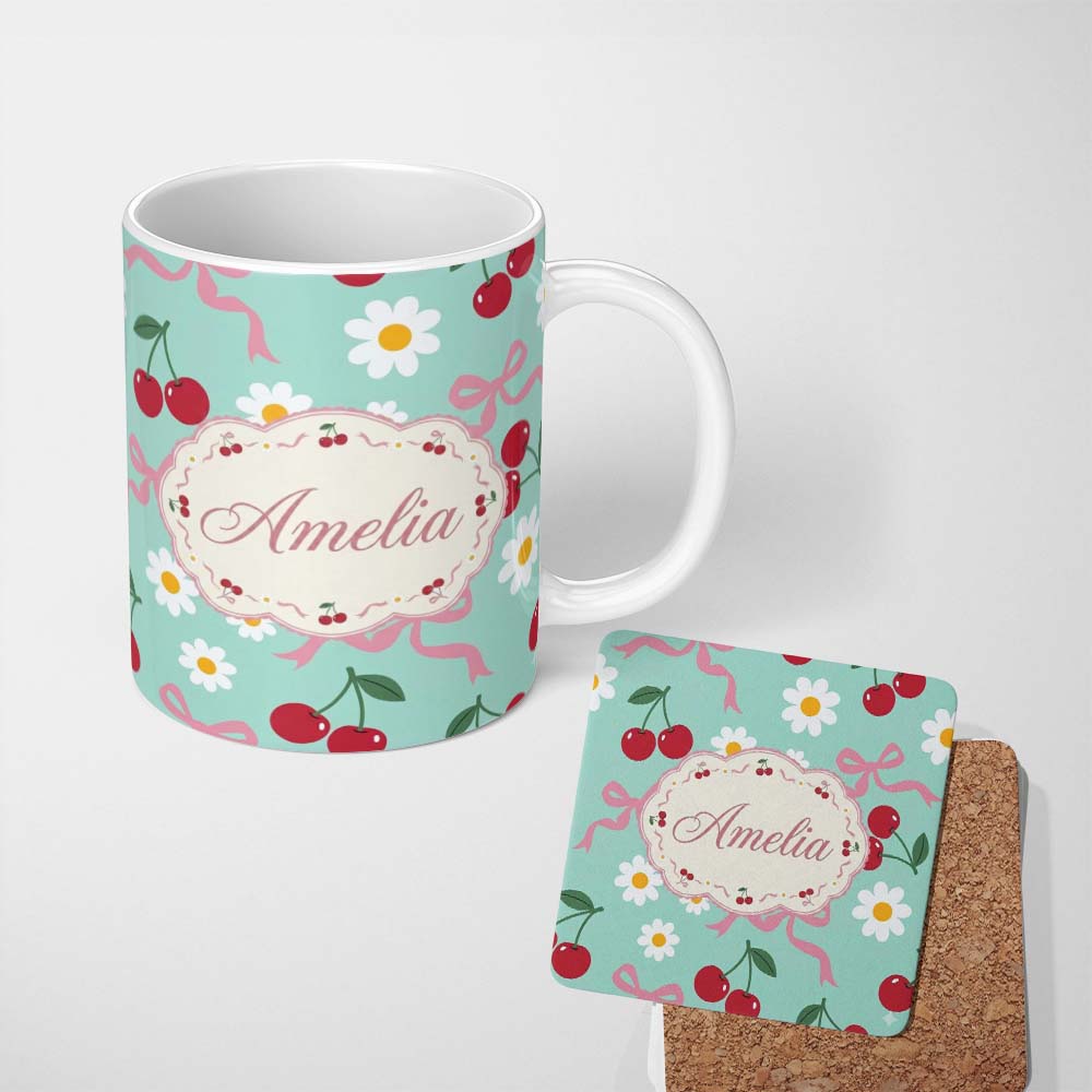 Personalized Custom Name Cute Cherry Bow and Daisy Seamless Pattern on Teal Cute Unique Gift 11oz Ceramic Coffee Tea Mug White Large Handle