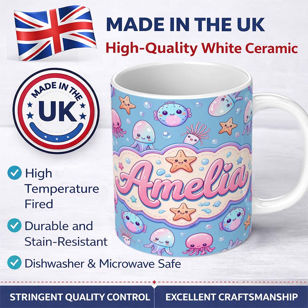 Personalized Custom Name Kawaii Jellyfish Puffer Fish Starfish Pastel Ocean Creatures Blue 11oz Ceramic Coffee Tea Mug White Large Handle