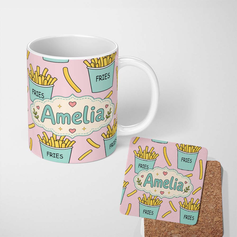 Personalized Custom Name Cute French Fries Cartoon Snack Seamless Pattern Teal Cups Pink 11oz Ceramic Coffee Tea Mug White Large Handle