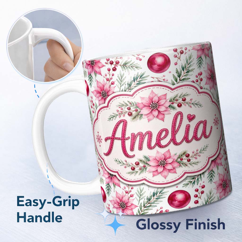 Personalized Custom Name Watercolor Poinsettia Berry Pine Christmas Seamless Pattern Lovely 11oz Ceramic Coffee Tea Mug White Large Handle