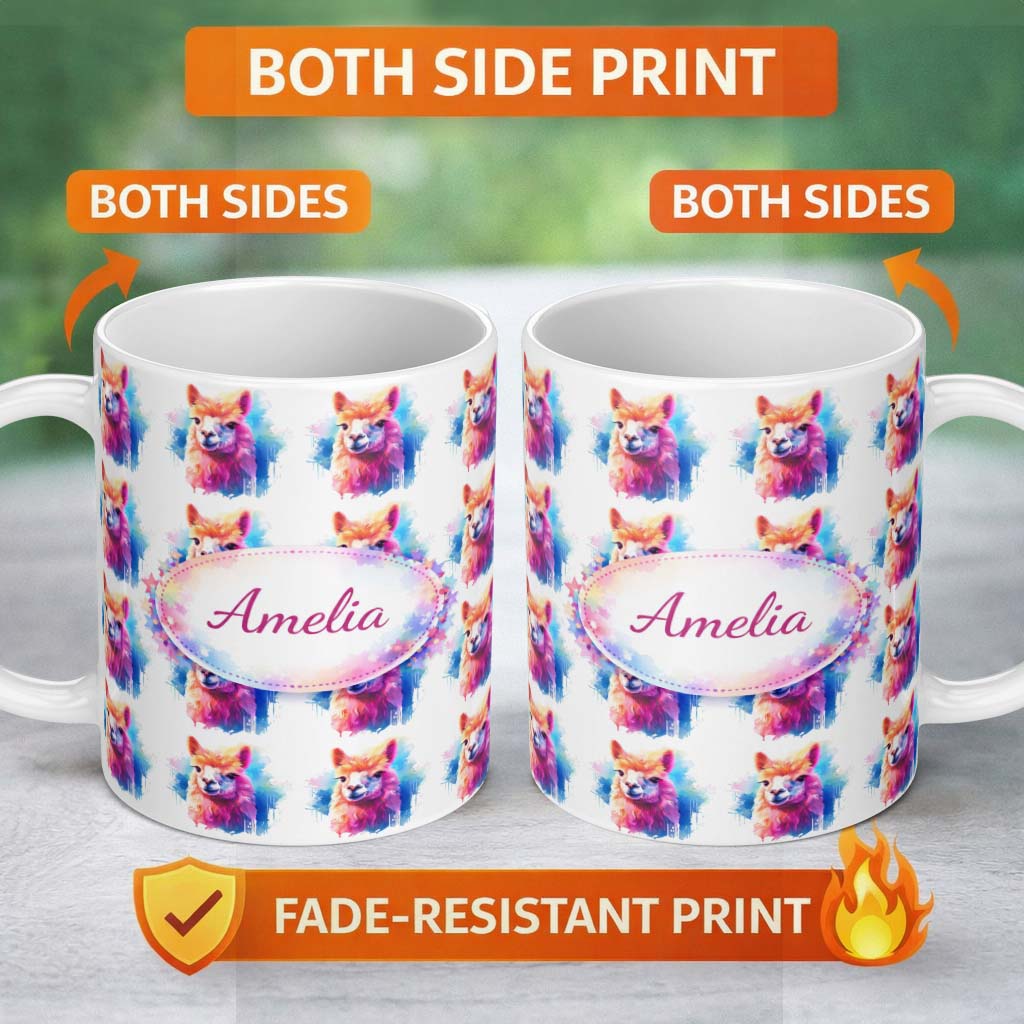 Personalized Custom Name Colourful Alpaca Pattern Bright Artistic Animal Design Lovely 11oz Ceramic Coffee Tea Mug White Large Handle