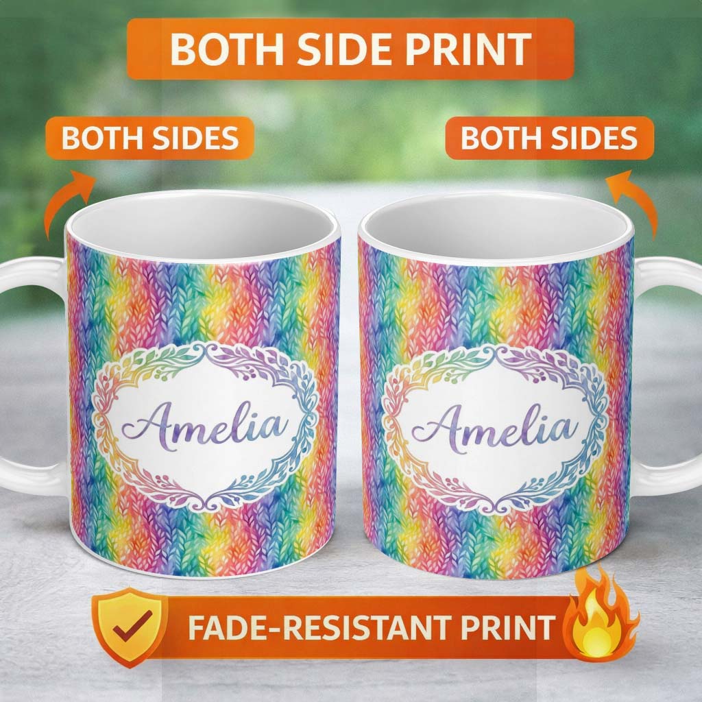 Personalized Custom Name Watercolor Leaf Stripe Rainbow Pattern Seamless Botanical Design 11oz Ceramic Coffee Tea Mug White Large Handle