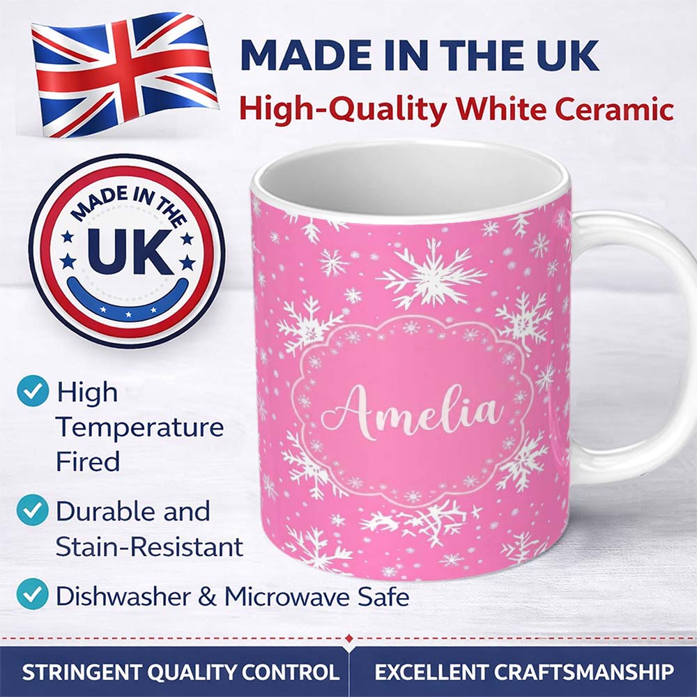 Personalized Custom Name Pink White Snowflake Winter Holiday Seamless Pattern Lovely 11oz Ceramic Coffee Tea Mug White Large Handle