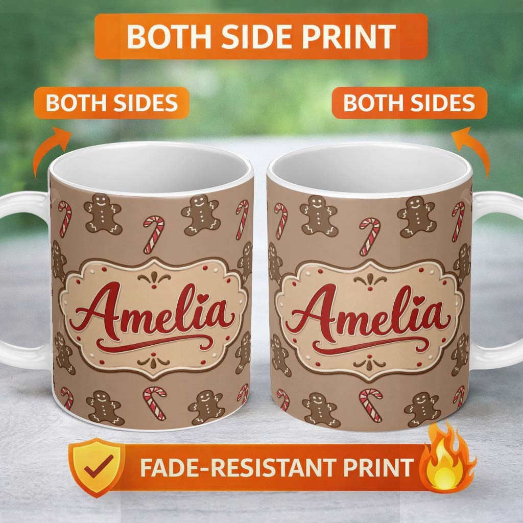 Personalized Custom Name Gingerbread Man Candy Cane Brown Christmas Seamless Pattern Lovely 11oz Ceramic Coffee Tea Mug White Large Handle