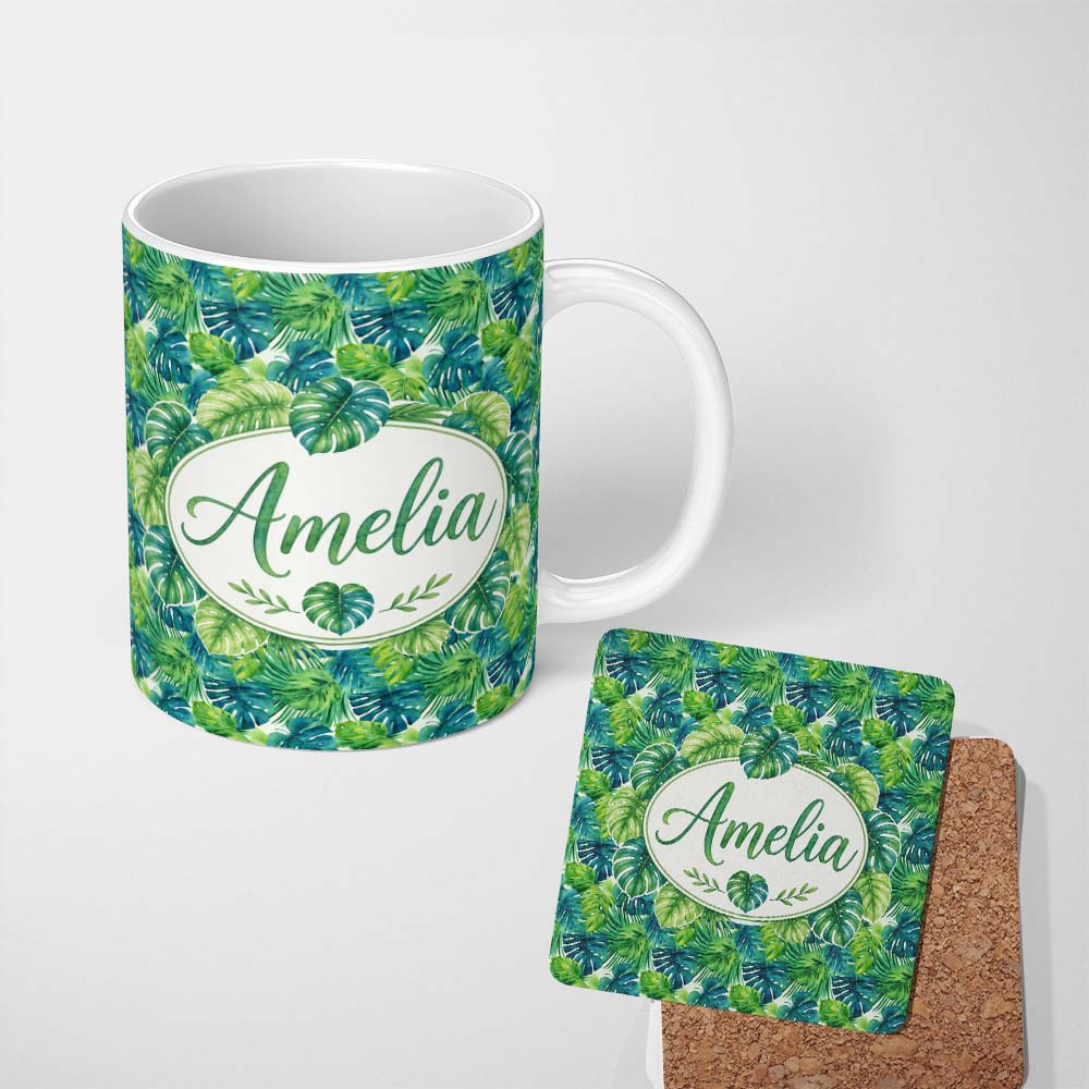 Personalized Custom Name Layered Green Tropical Leaves Botanical Seamless Pattern Lovely 11oz Ceramic Coffee Tea Mug White Large Handle