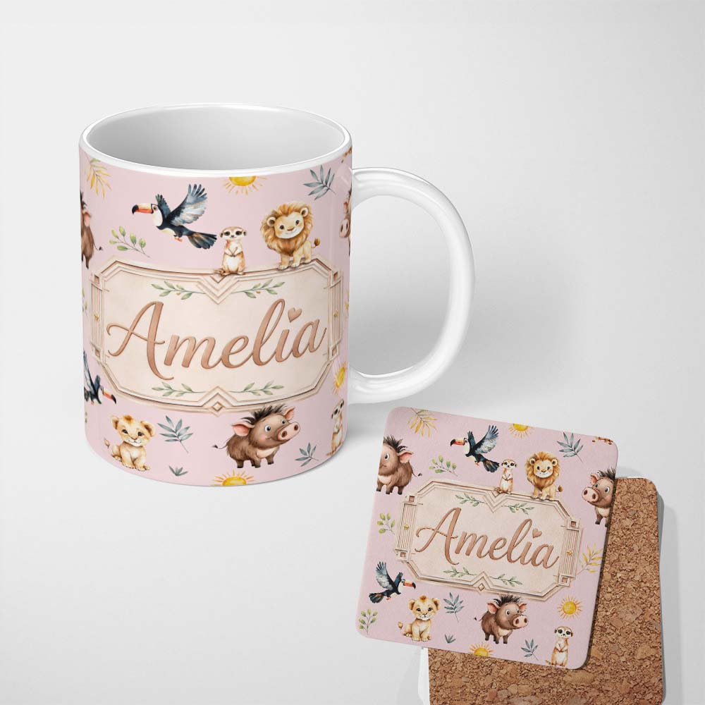 Personalized Custom Name Jungle Animals Lion Meerkat Toucan Boar on Dusty Pink Seamless 11oz Ceramic Coffee Tea Mug White Large Handle
