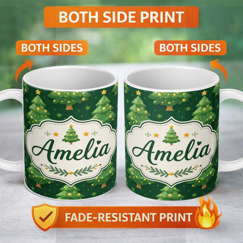Personalized Custom Name Cute Green Christmas Trees Golden Ornaments Seamless Pattern Lovely 11oz Ceramic Coffee Tea Mug White Large Handle