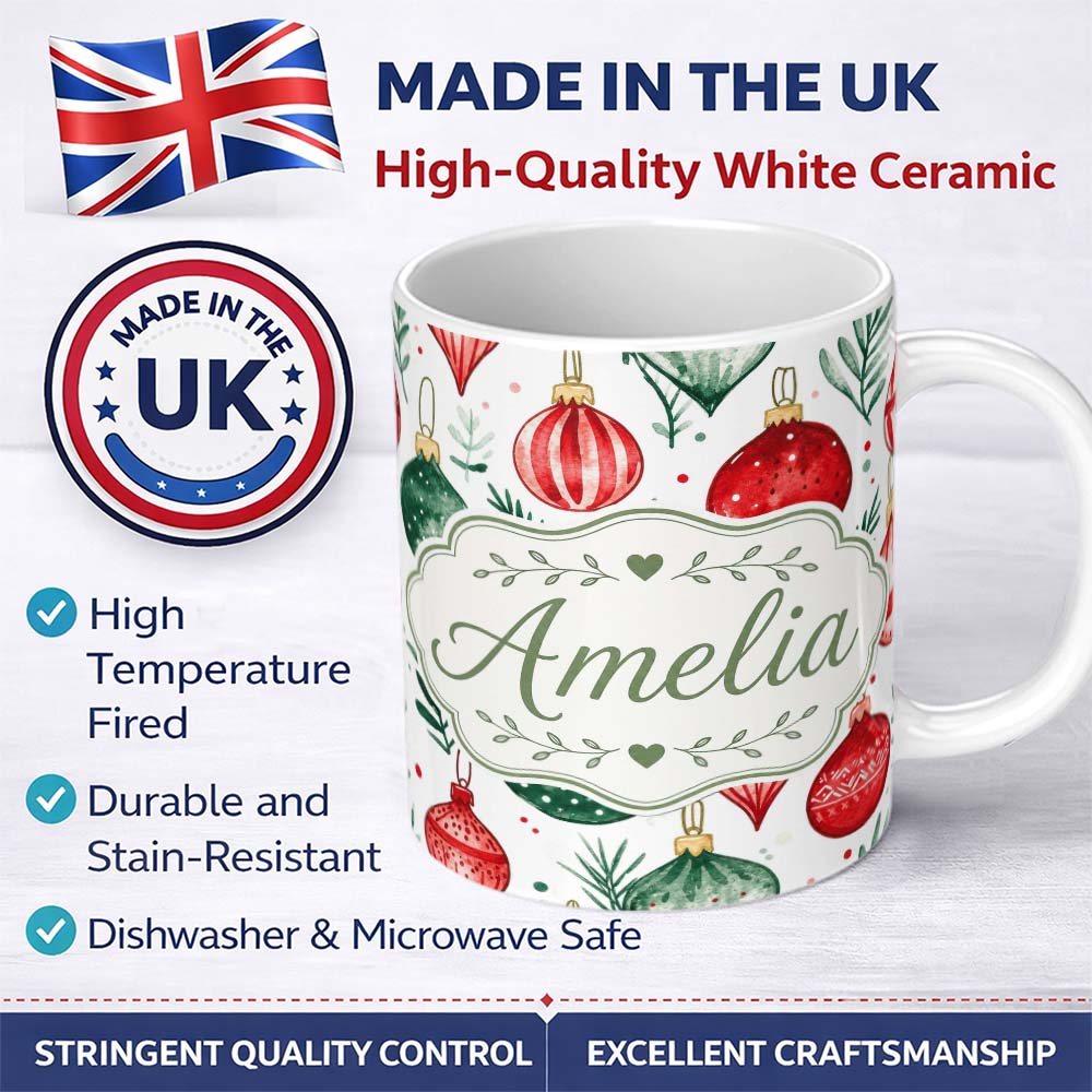 Personalized Custom Name Festive Christmas Baubles and Foliage Watercolor Seamless Pattern 11oz Ceramic Coffee Tea Mug White Large Handle