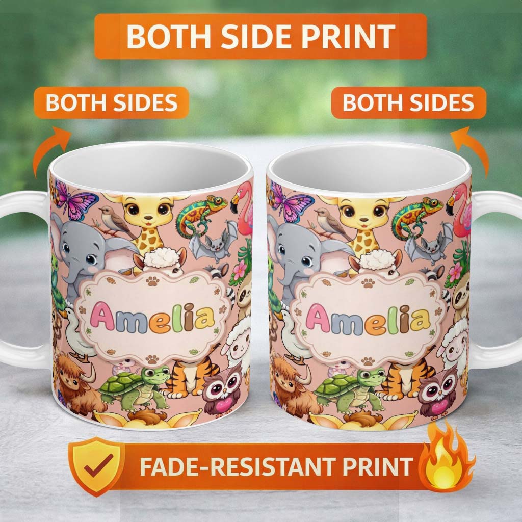 Personalized Custom Name Cute Cartoon Jungle Safari Animals Seamless Pattern on Peach Lovely 11oz Ceramic Coffee Tea Mug White Large Handle