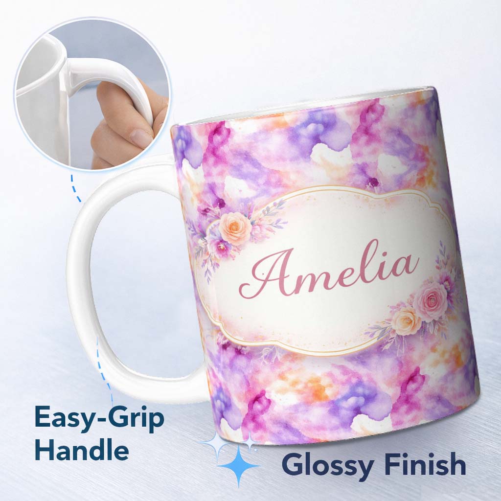 Personalized Custom Name Soft Watercolour Splash Lavender Peach Abstract Pattern Lovely 11oz Ceramic Coffee Tea Mug White Large Handle
